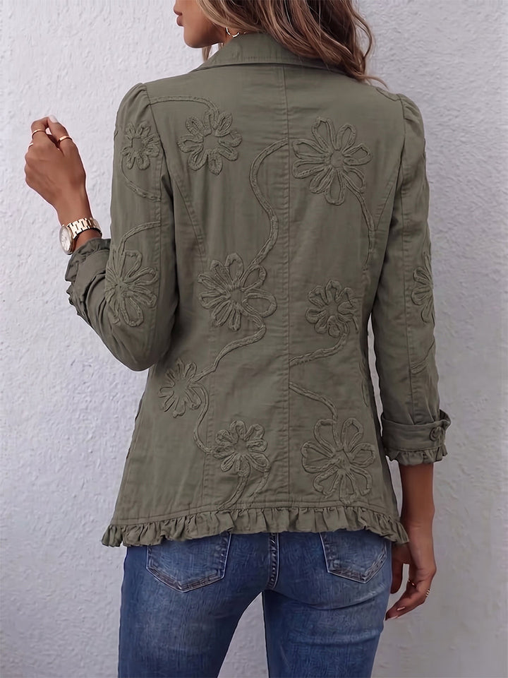 Penealoria - Floral Embroidered Button-Front Ruffle Hem Jacket