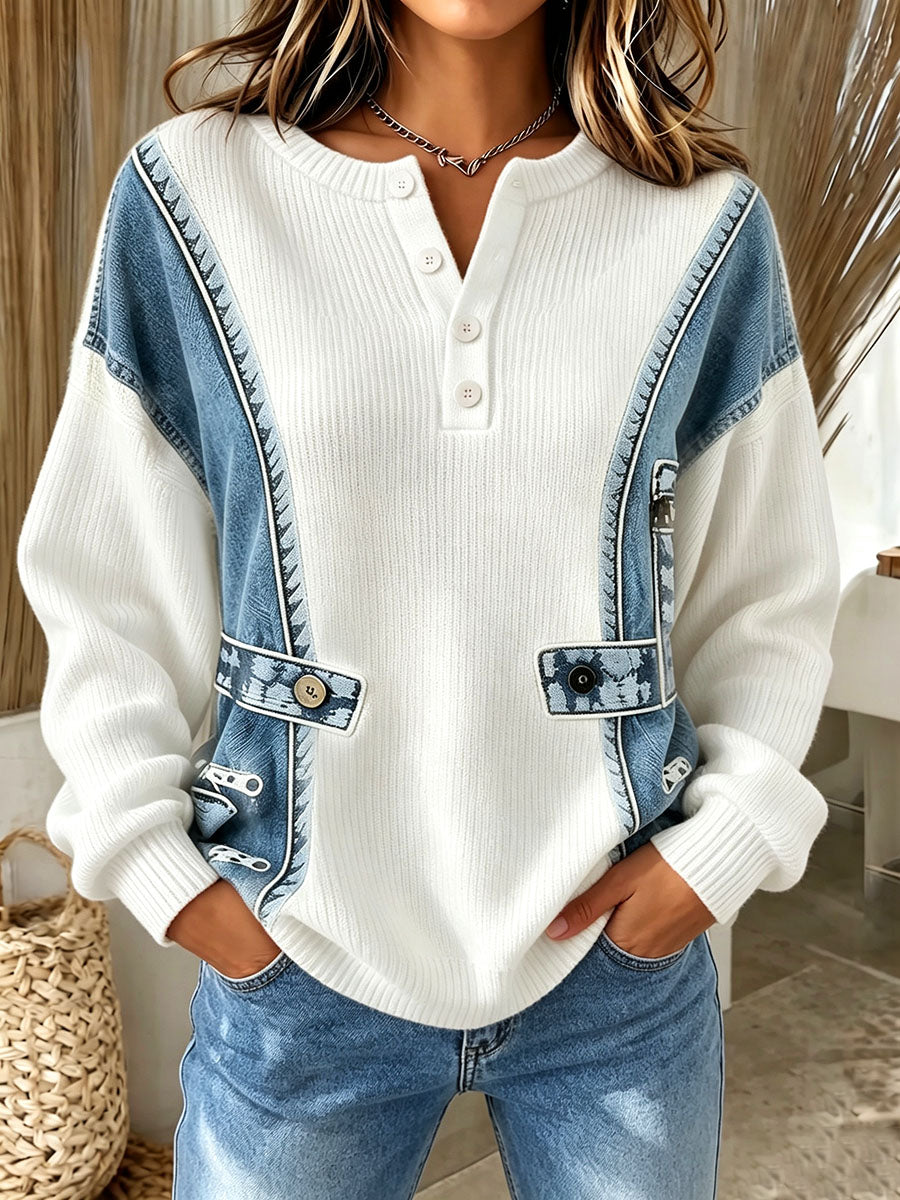 Saskena - Casual 3d Denim Print Knit Sweater