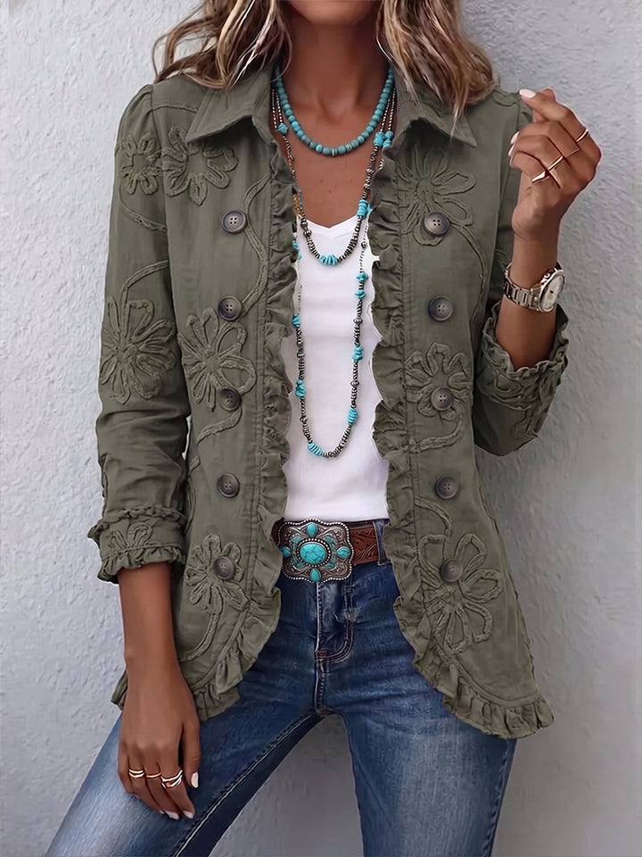 Penealoria - Floral Embroidered Button-Front Ruffle Hem Jacket