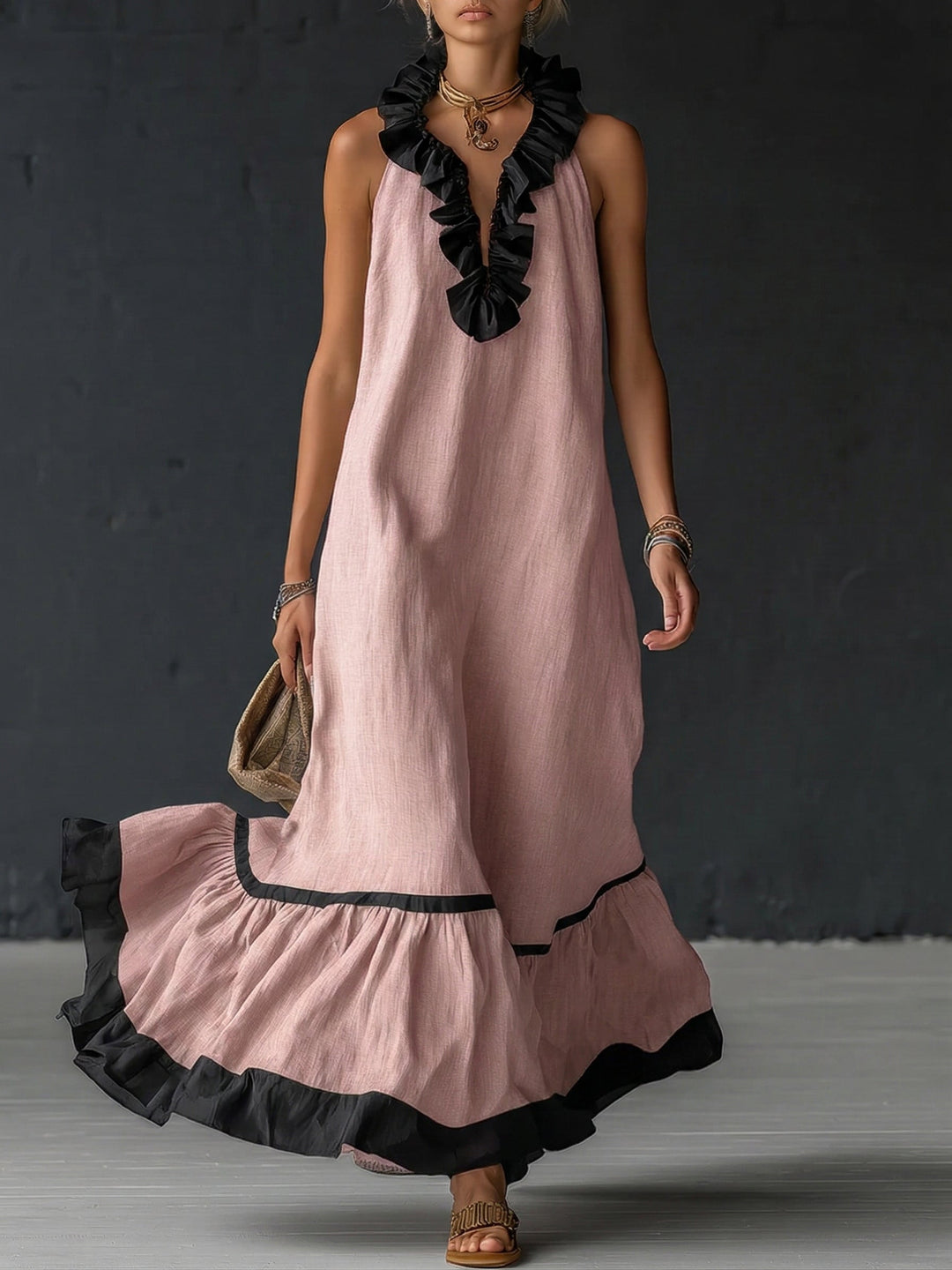 Natja - Ruffle Neck Linen Maxi Dress