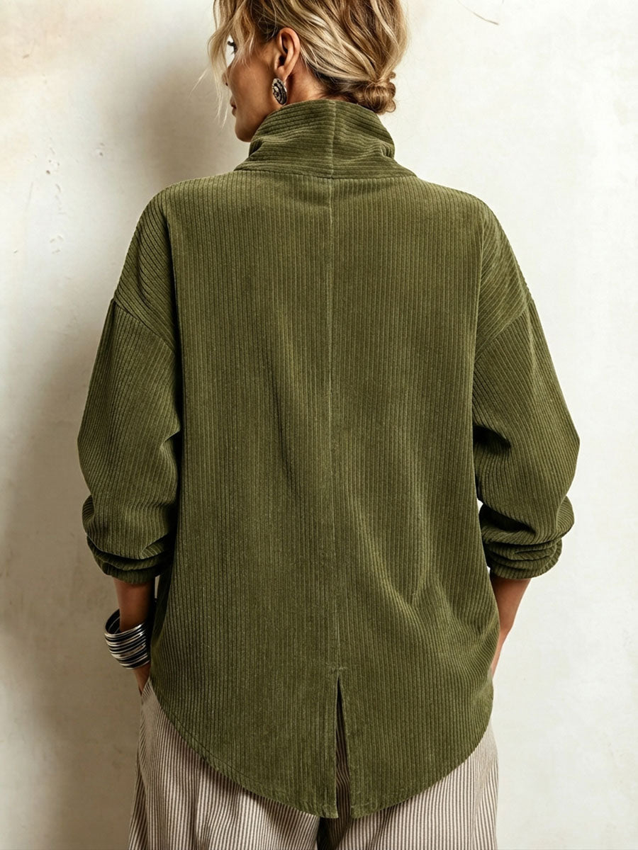 Lianana - Asymmetric Button-Up Corduroy Sweater
