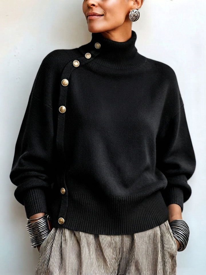 Idalisa - Turtleneck Button Trim Long Sleeve Sweater