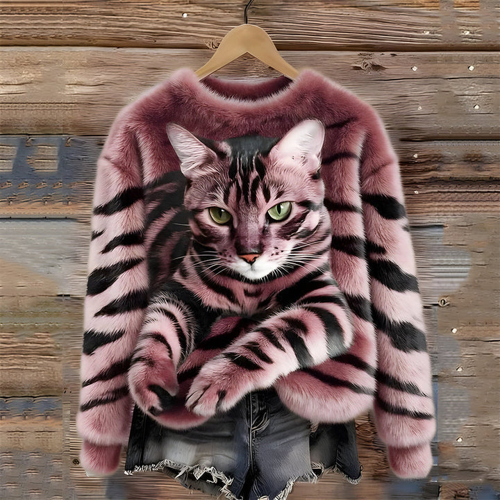 Melietta - Faux Fur Sweater With Cat Print