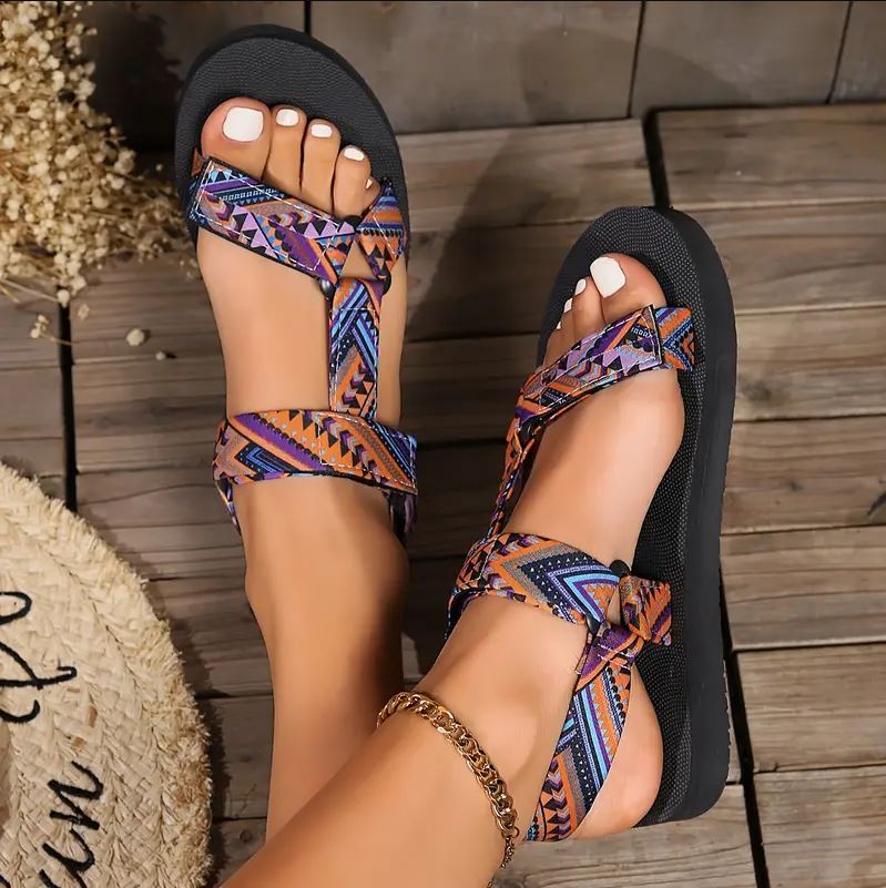Maryane - Patterned Hook and Loop Platform Sandals