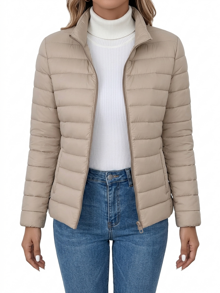 Renaetta - Quilted Stand Collar Zip Up Puffer Jacket