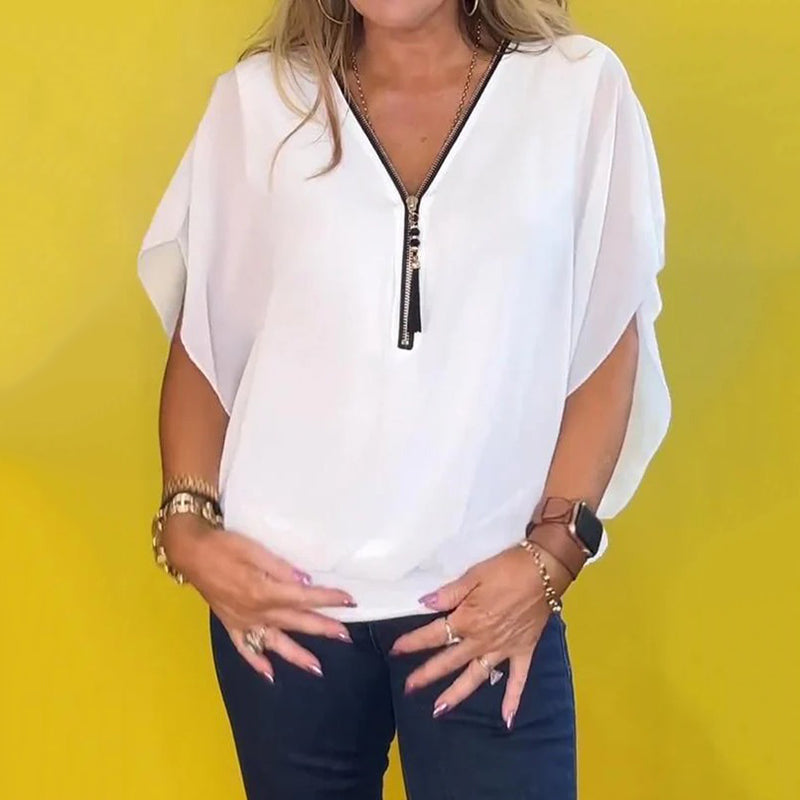 Shauna - Chiffon Casual Top With Zipper At The Neckline