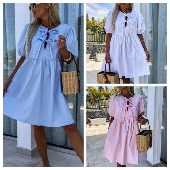 Oana - Stylish Dress With Bow Tie And Puff Sleeves