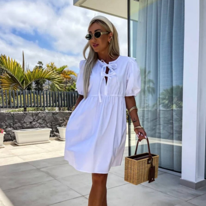 Oana - Stylish Dress With Bow Tie And Puff Sleeves