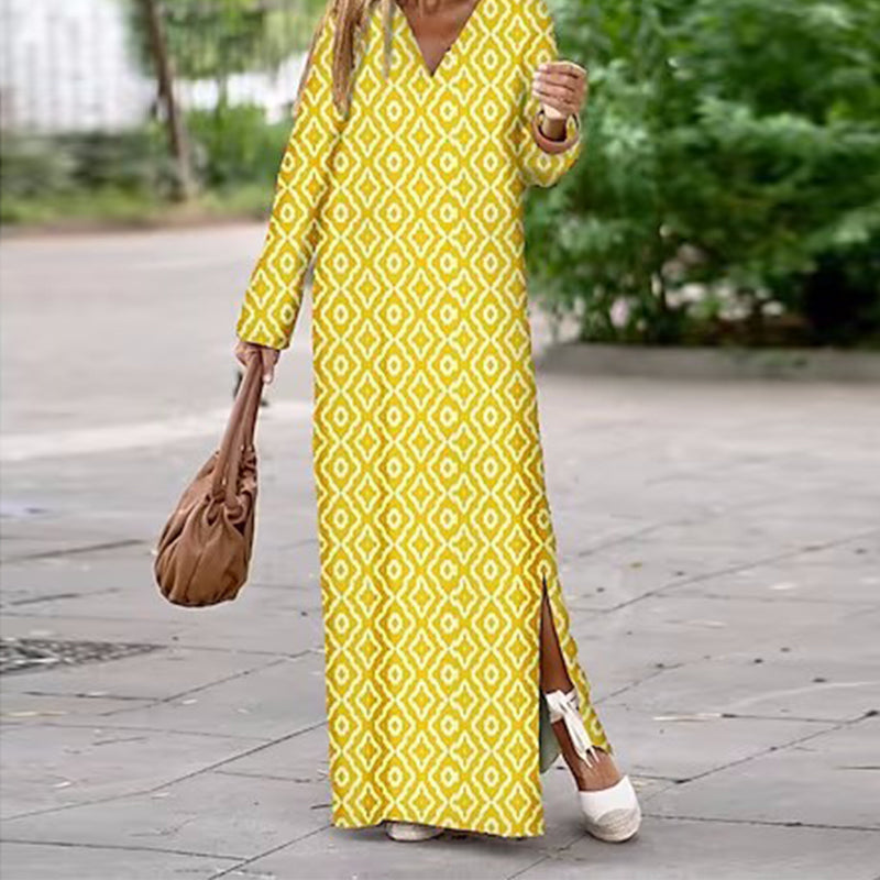 Henar - Boho Long Sleeve Dress With V Neck