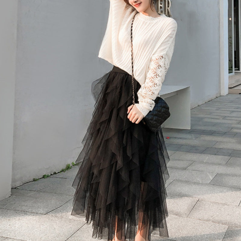 Nadeene - Irregular And Layered Long Skirt With Ruffles