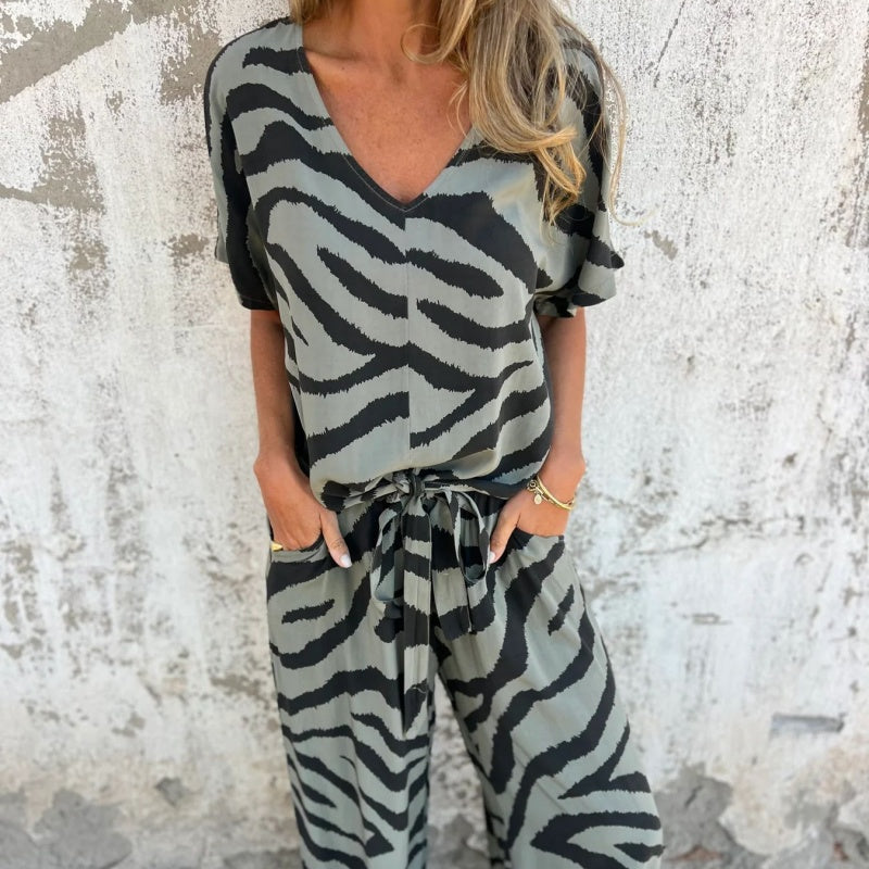 Gilberta - Zebra Print V-Neck Top and Pants Two-Piece Set
