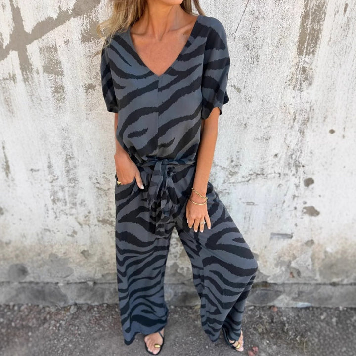 Gilberta - Zebra Print V-Neck Top and Pants Two-Piece Set