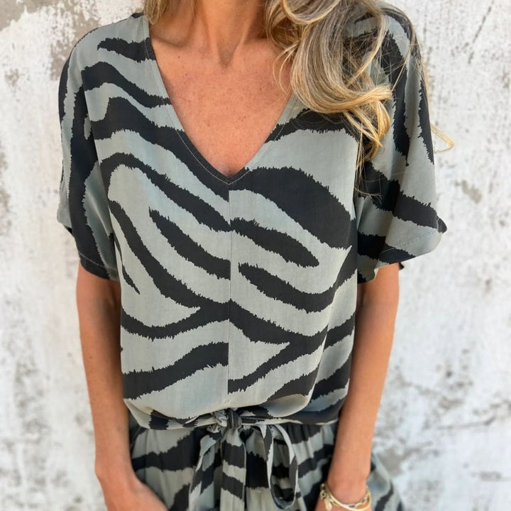 Gilberta - Zebra Print V-Neck Top and Pants Two-Piece Set