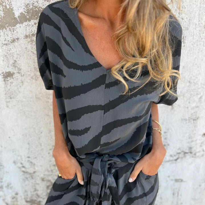 Gilberta - Zebra Print V-Neck Top and Pants Two-Piece Set
