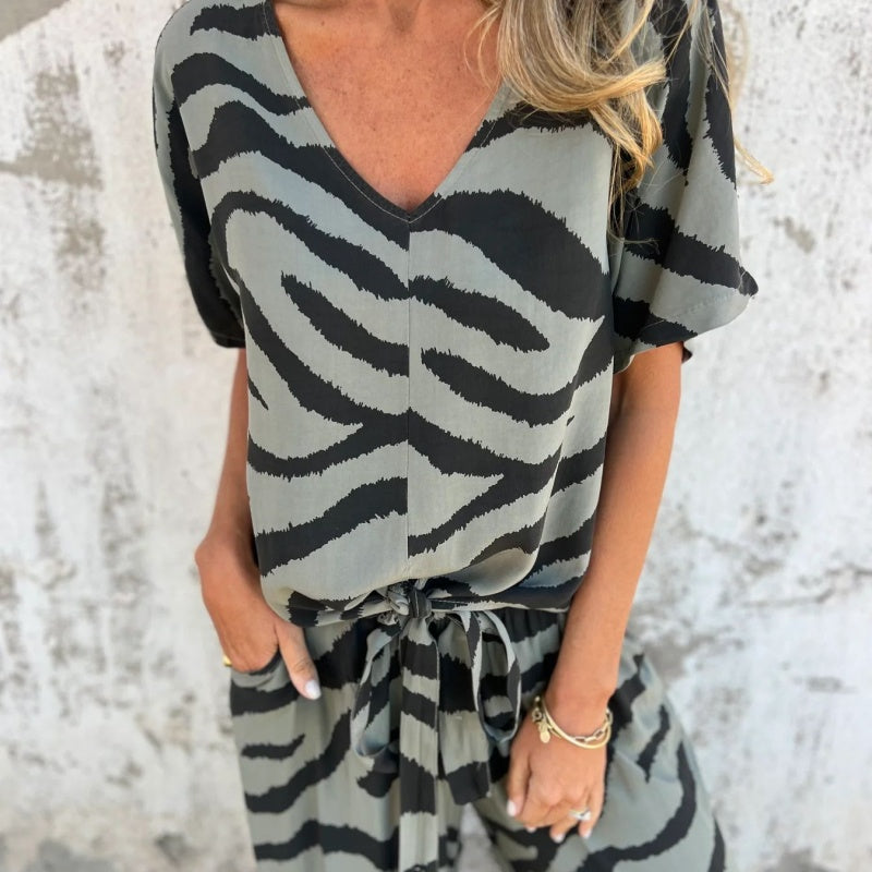 Gilberta - Zebra Print V-Neck Top and Pants Two-Piece Set