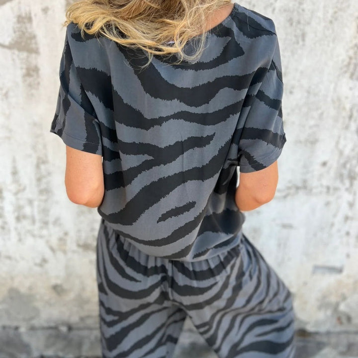 Gilberta - Zebra Print V-Neck Top and Pants Two-Piece Set