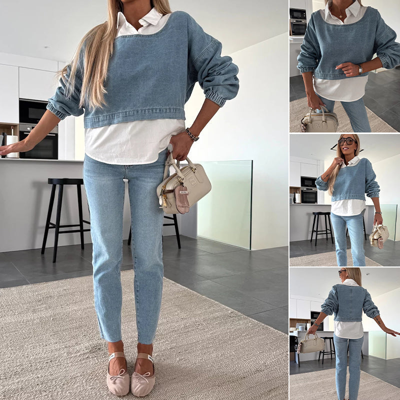 Nadira - Long Sleeve Denim Top and Pants Set