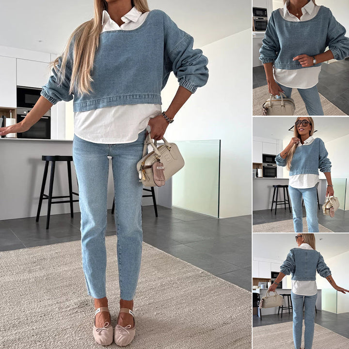 Nadira - Long Sleeve Denim Top and Pants Set