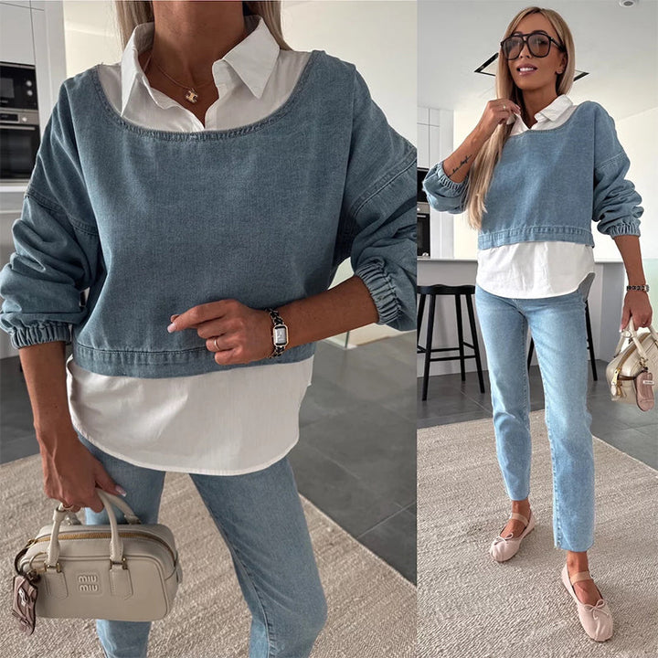Nadira - Long Sleeve Denim Top and Pants Set