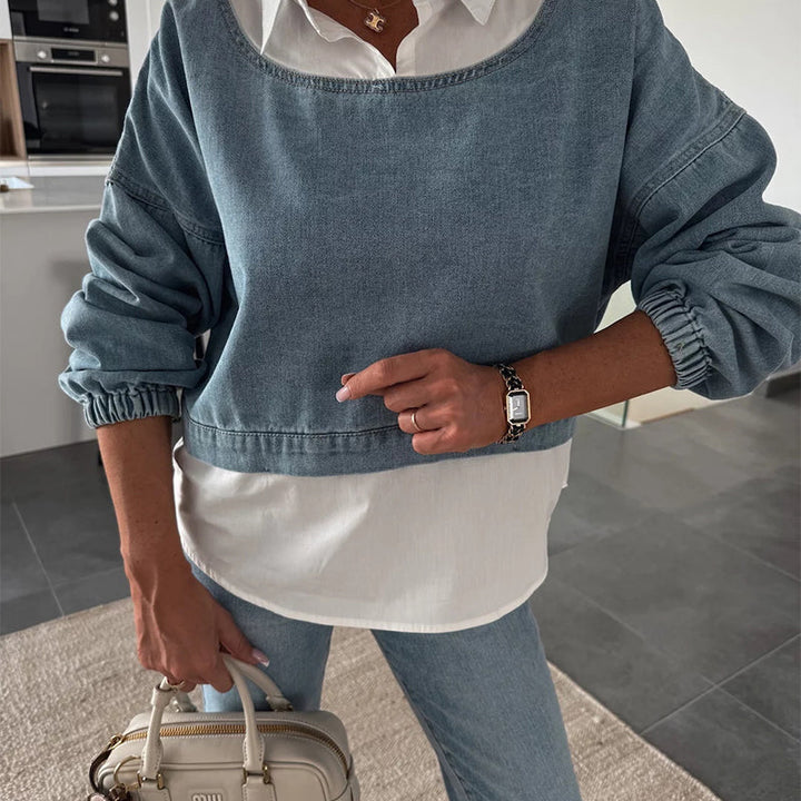 Nadira - Long Sleeve Denim Top and Pants Set