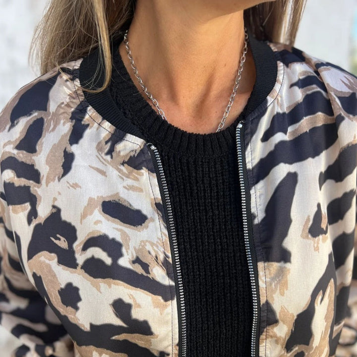 Leezi - Zebra Print Zip-Up Bomber Jacket