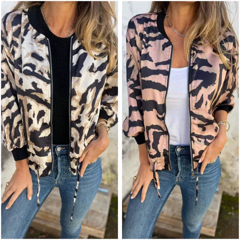 Leezi - Zebra Print Zip-Up Bomber Jacket