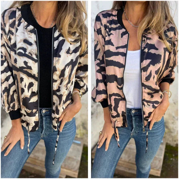 Leezi - Zebra Print Zip-Up Bomber Jacket