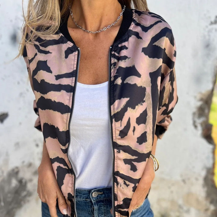 Leezi - Zebra Print Zip-Up Bomber Jacket