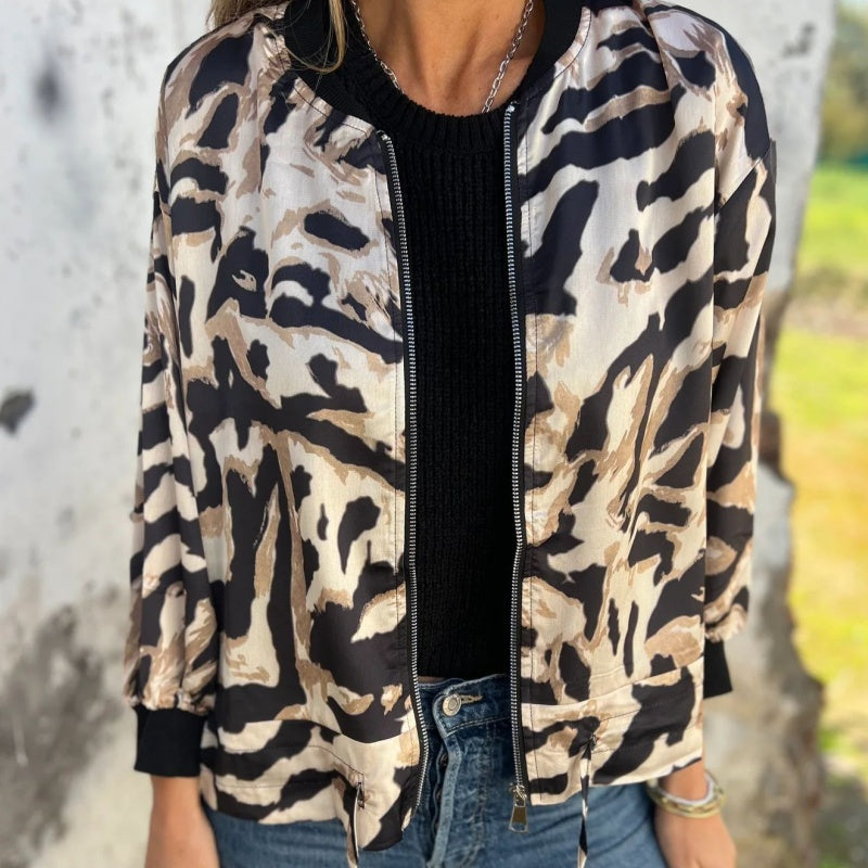 Leezi - Zebra Print Zip-Up Bomber Jacket