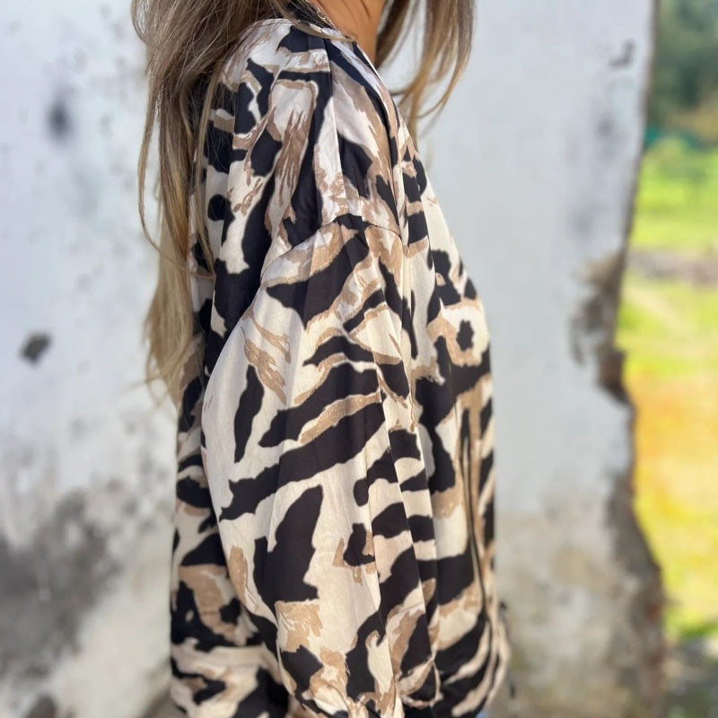 Leezi - Zebra Print Zip-Up Bomber Jacket