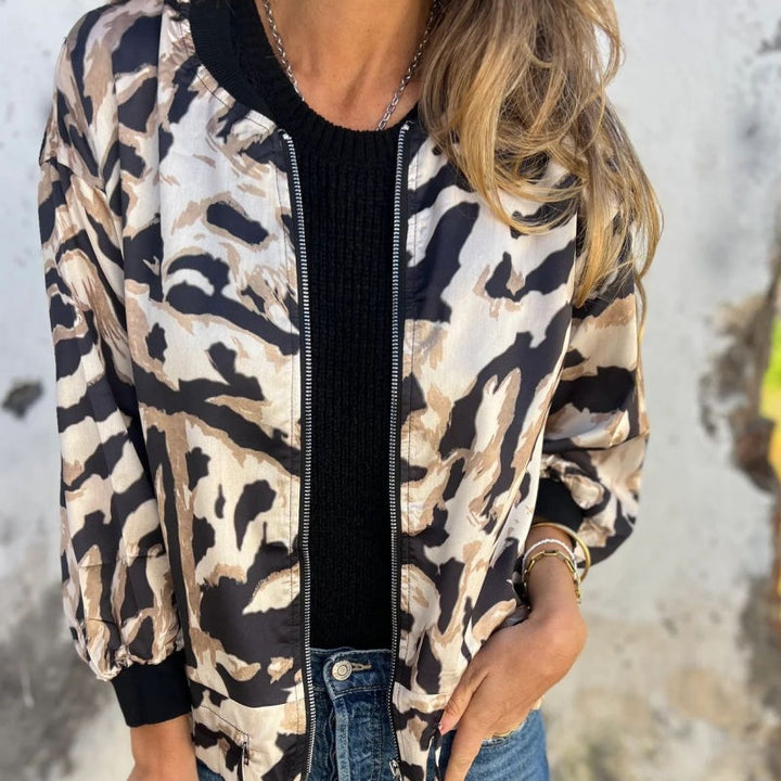Leezi - Zebra Print Zip-Up Bomber Jacket