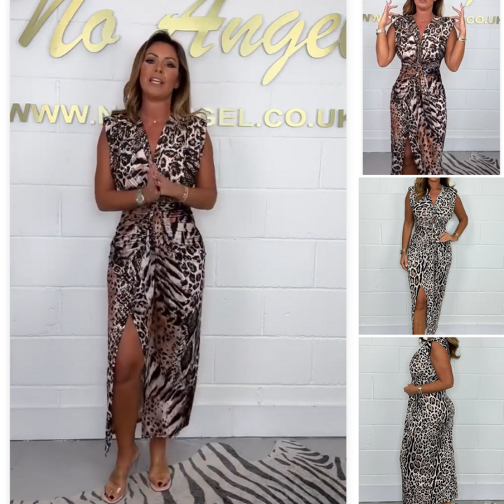 Kallista - Slit Leopard Print Dress with V-neck