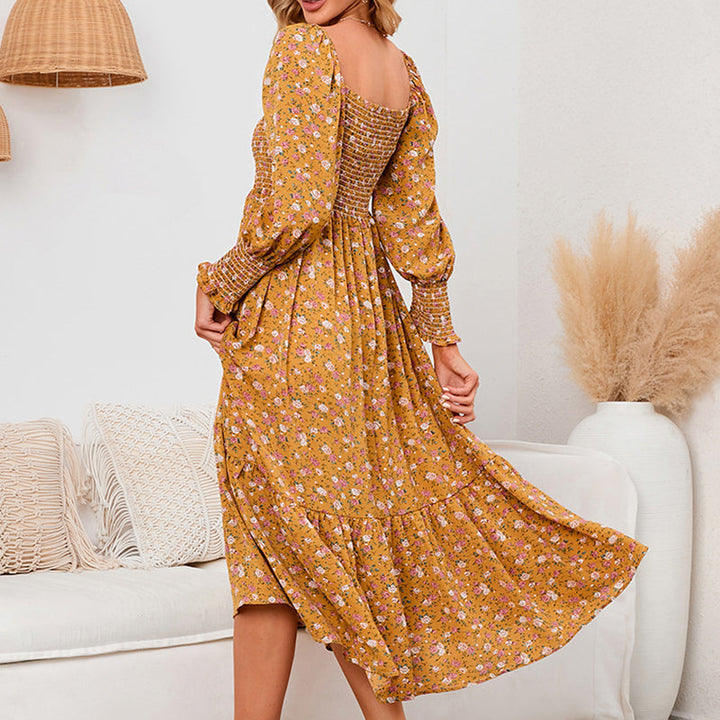 Vasilya - Elegant Dress With Flared Sleeves and Floral Pattern