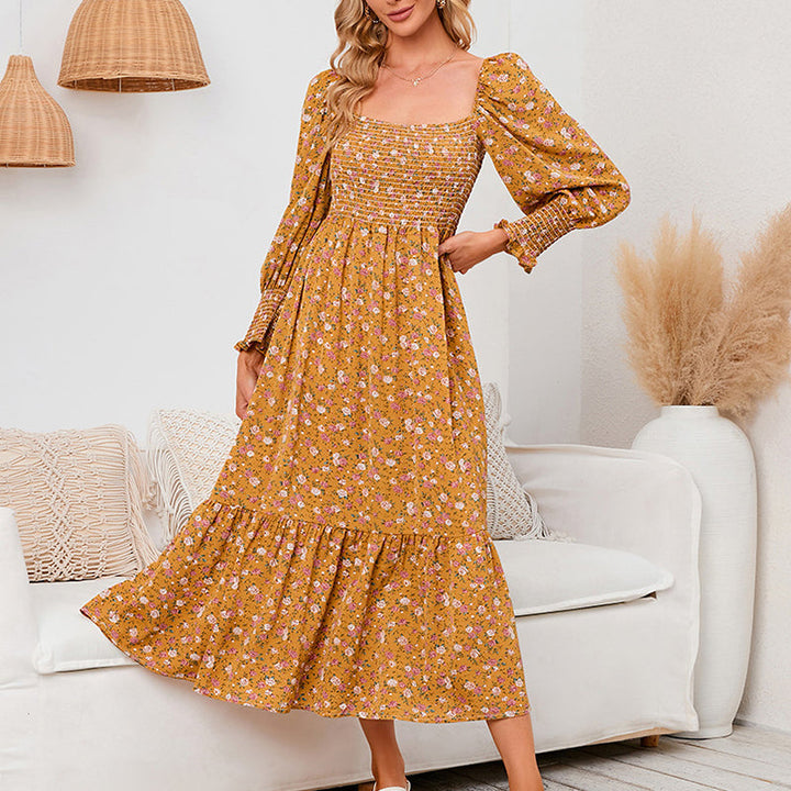 Vasilya - Elegant Dress With Flared Sleeves and Floral Pattern