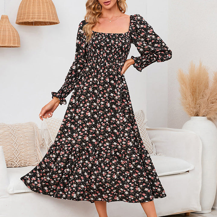 Vasilya - Elegant Dress With Flared Sleeves and Floral Pattern