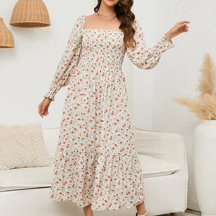 Vasilya - Elegant Dress With Flared Sleeves and Floral Pattern