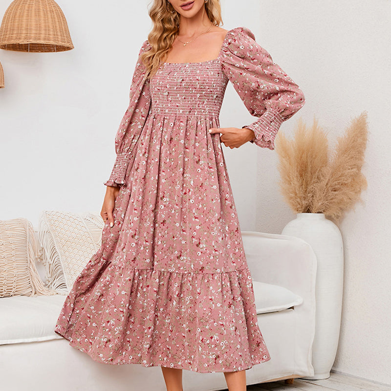 Vasilya - Elegant Dress With Flared Sleeves and Floral Pattern