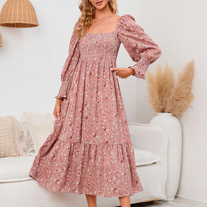 Vasilya - Elegant Dress With Flared Sleeves and Floral Pattern