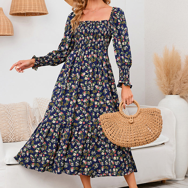 Vasilya - Elegant Dress With Flared Sleeves and Floral Pattern