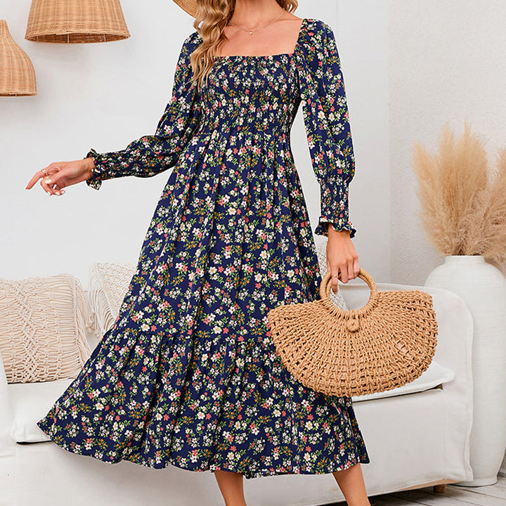Vasilya - Elegant Dress With Flared Sleeves and Floral Pattern