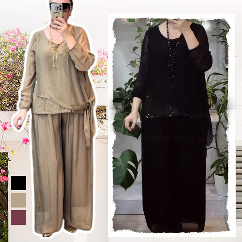 Quirinia - Sequin Blouse and Wide-Leg Pants Set