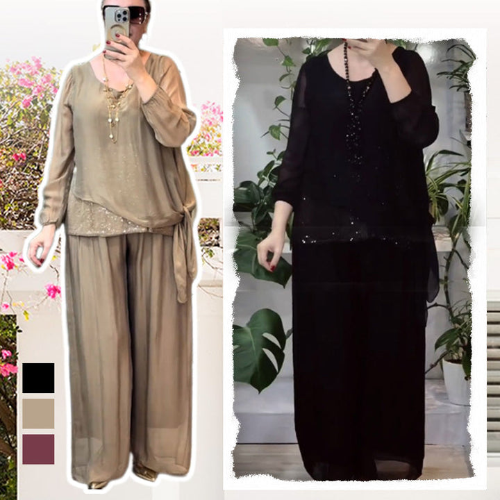Quirinia - Sequin Blouse and Wide-Leg Pants Set