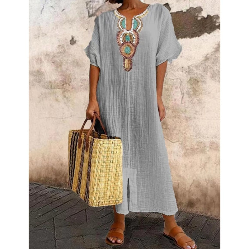 Lioba - Casual Linen Embroidered Split Dress