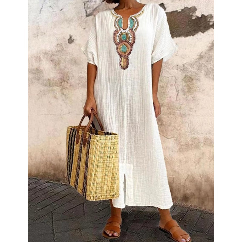 Lioba - Casual Linen Embroidered Split Dress