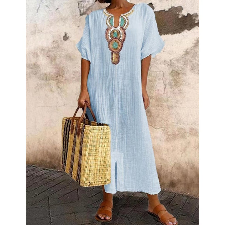Lioba - Casual Linen Embroidered Split Dress