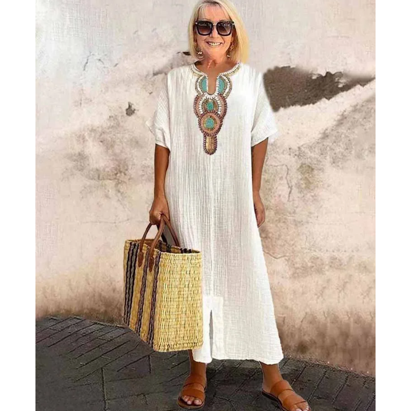 Lioba - Casual Linen Embroidered Split Dress