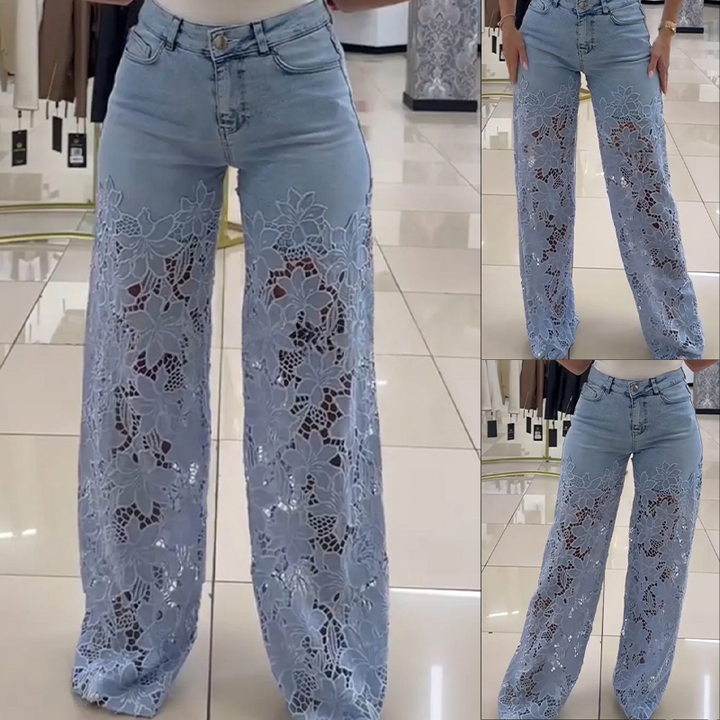 Efthymia - Patchwork Denim Jeans With Fashionable Lace