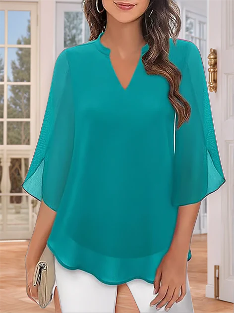 Styliani - Chiffon Blouse With V-neck