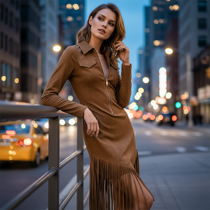 Alira - Front Zip Collared Fringe Midi Dress