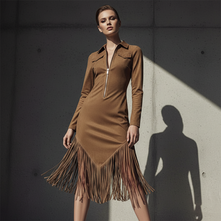 Alira - Front Zip Collared Fringe Midi Dress